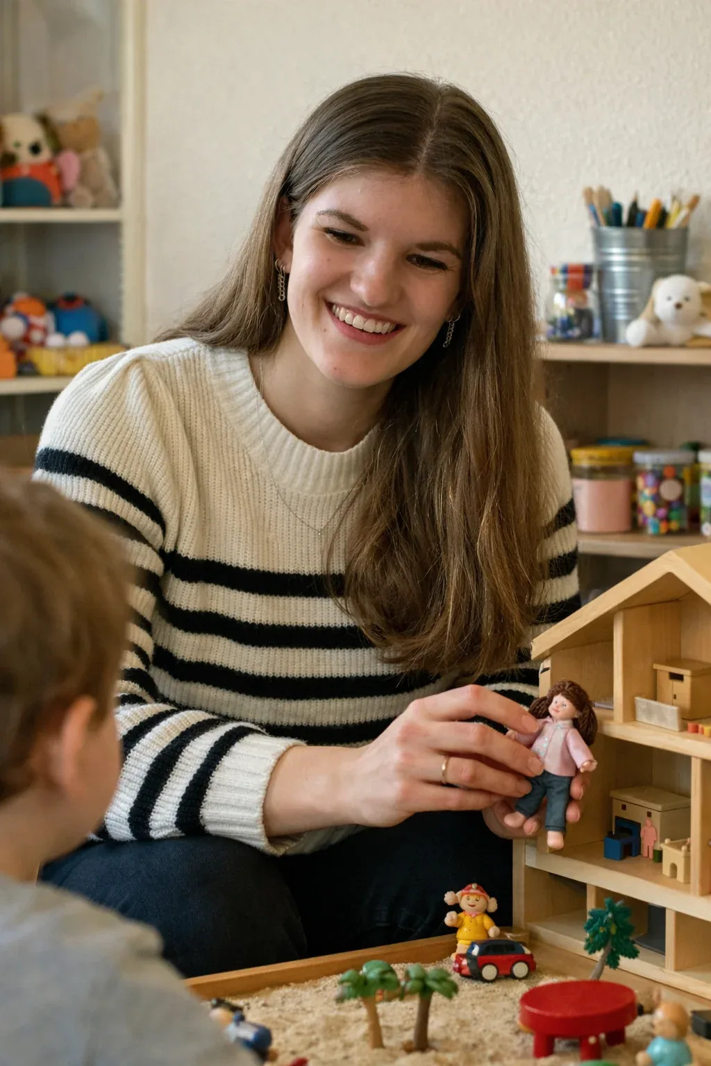 Lindy, speltherapeut bij BloeiWijs, in de spelkamer in Zutphen