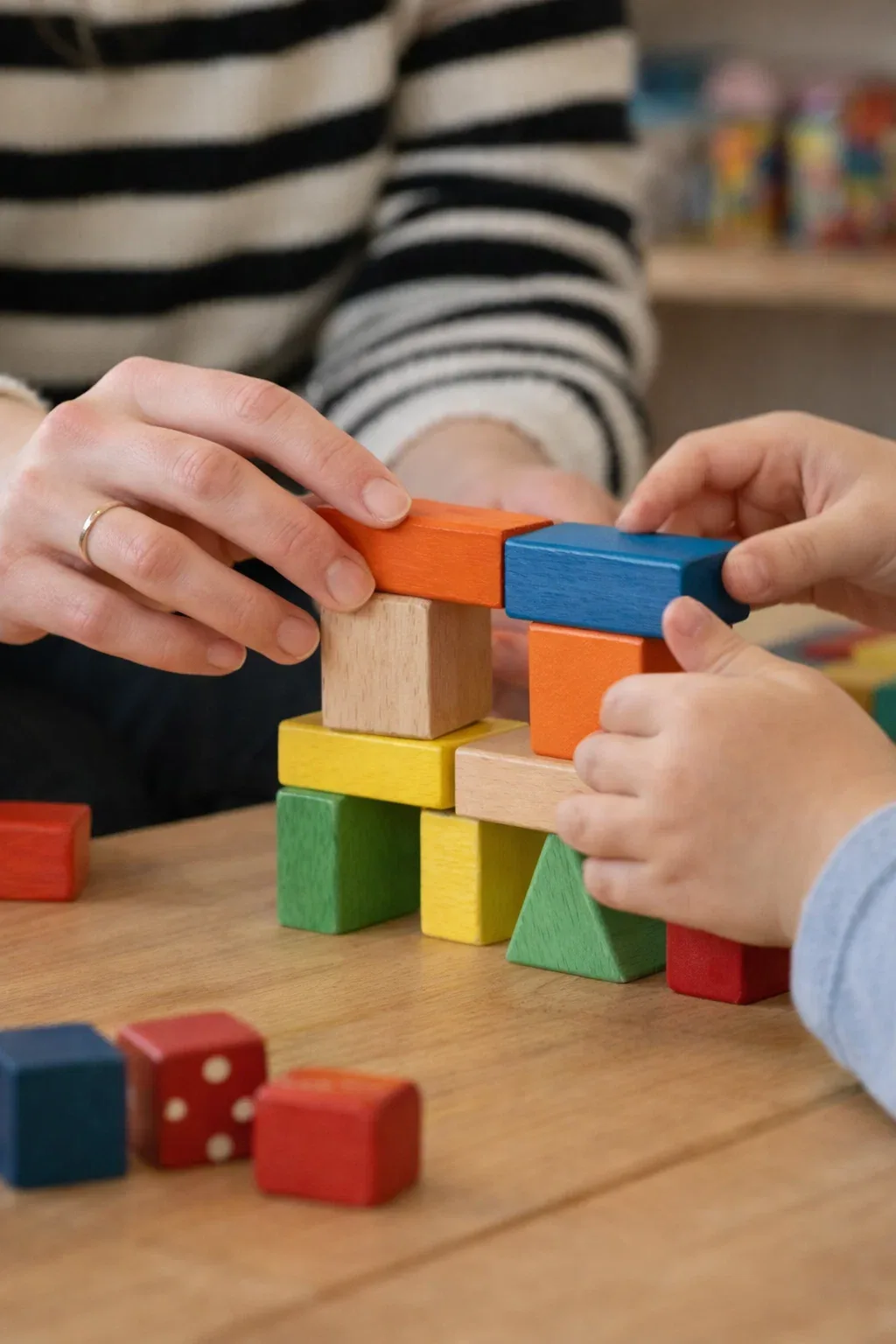 Handen die samen bouwen met blokken in de spelkamer