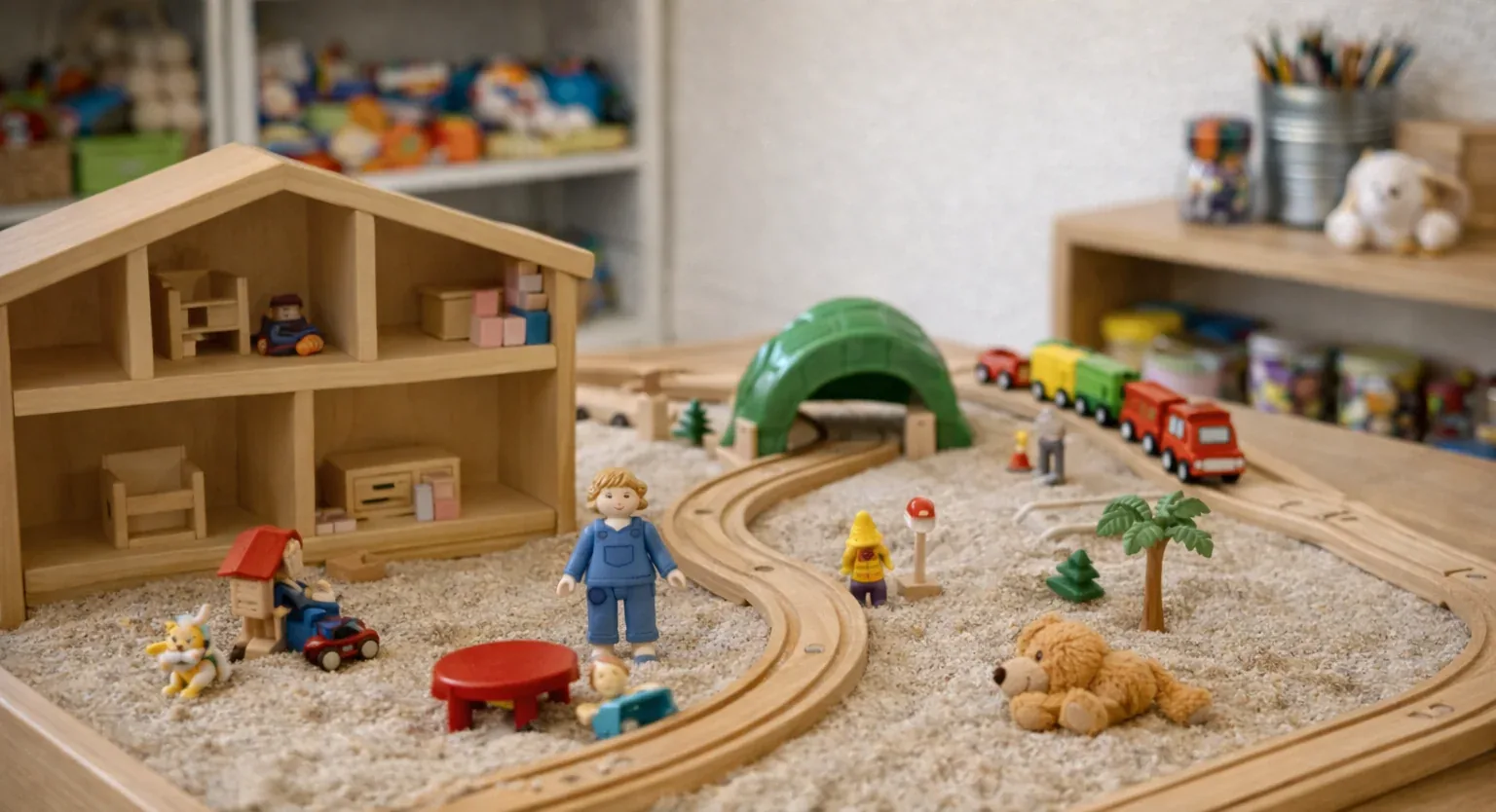 Een treinbaan die door een kind in de spelkamer is neergelegd